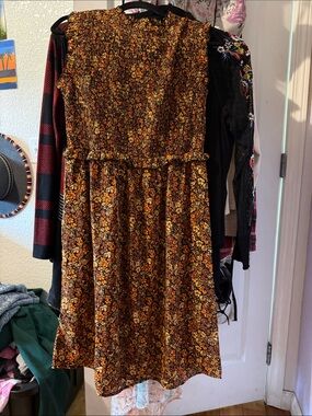 Smocked Bodice Midi Dress in Brown and Orange Floral